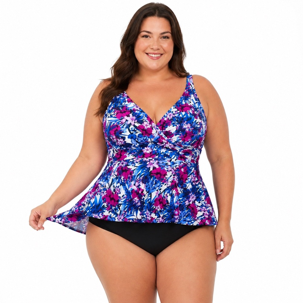Swimsuits For All Size 20 Floral Tankini Swim Top Blue Magenta Skirted